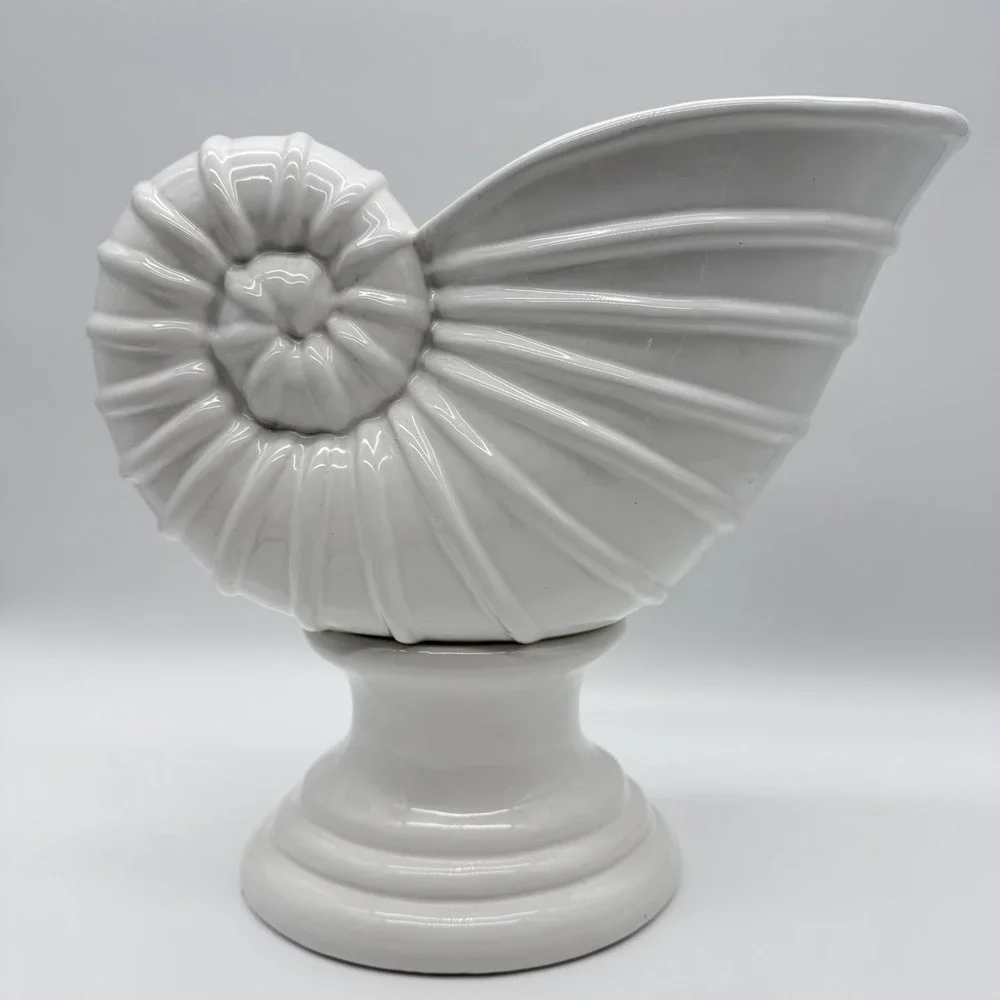 Vintage White Iridescent Ceramic Nautilus Seashell Footed Planter Vase